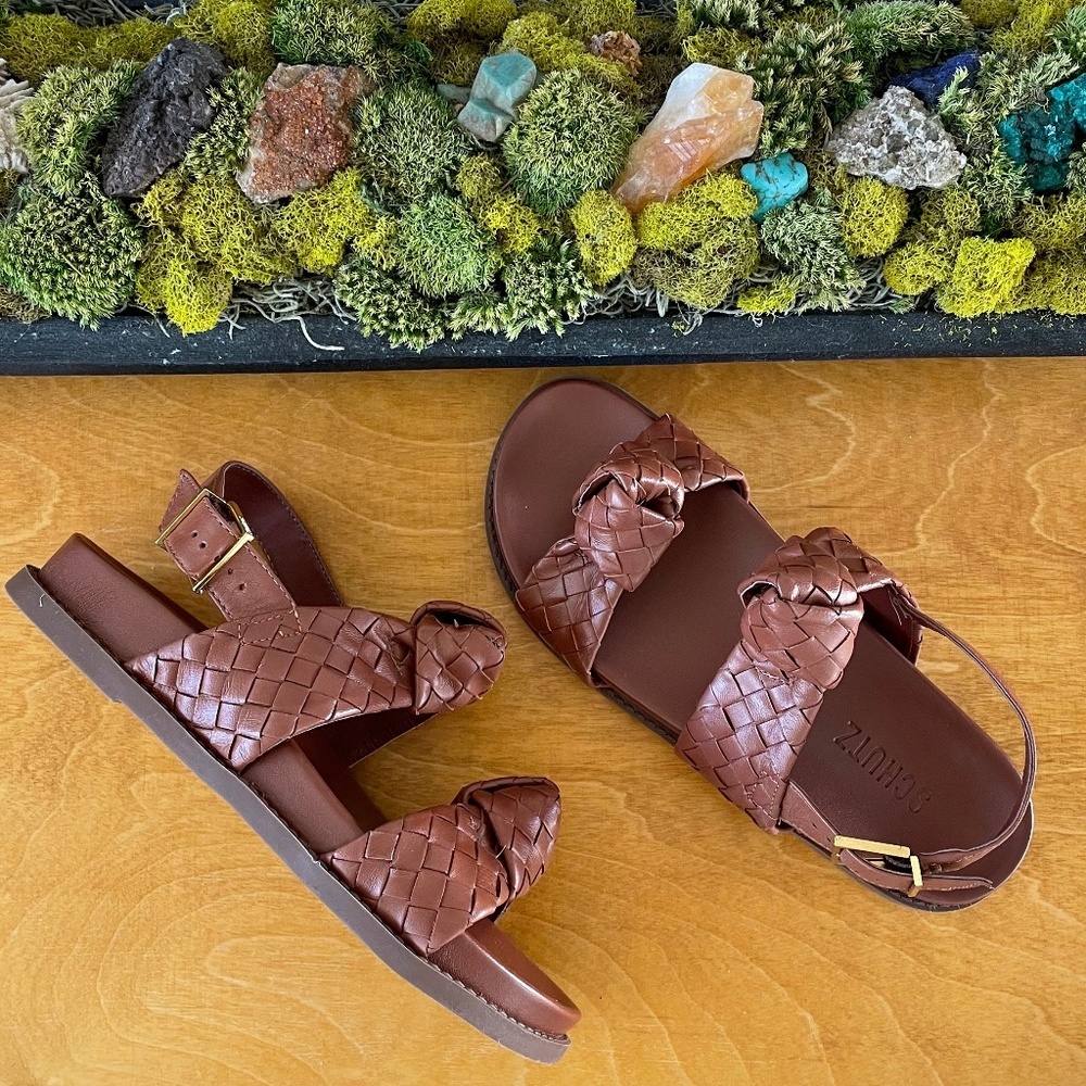 new SCHUTZ Kareena Brown Woven Leather Knot Sandals Ankle Strap Flat 6.5